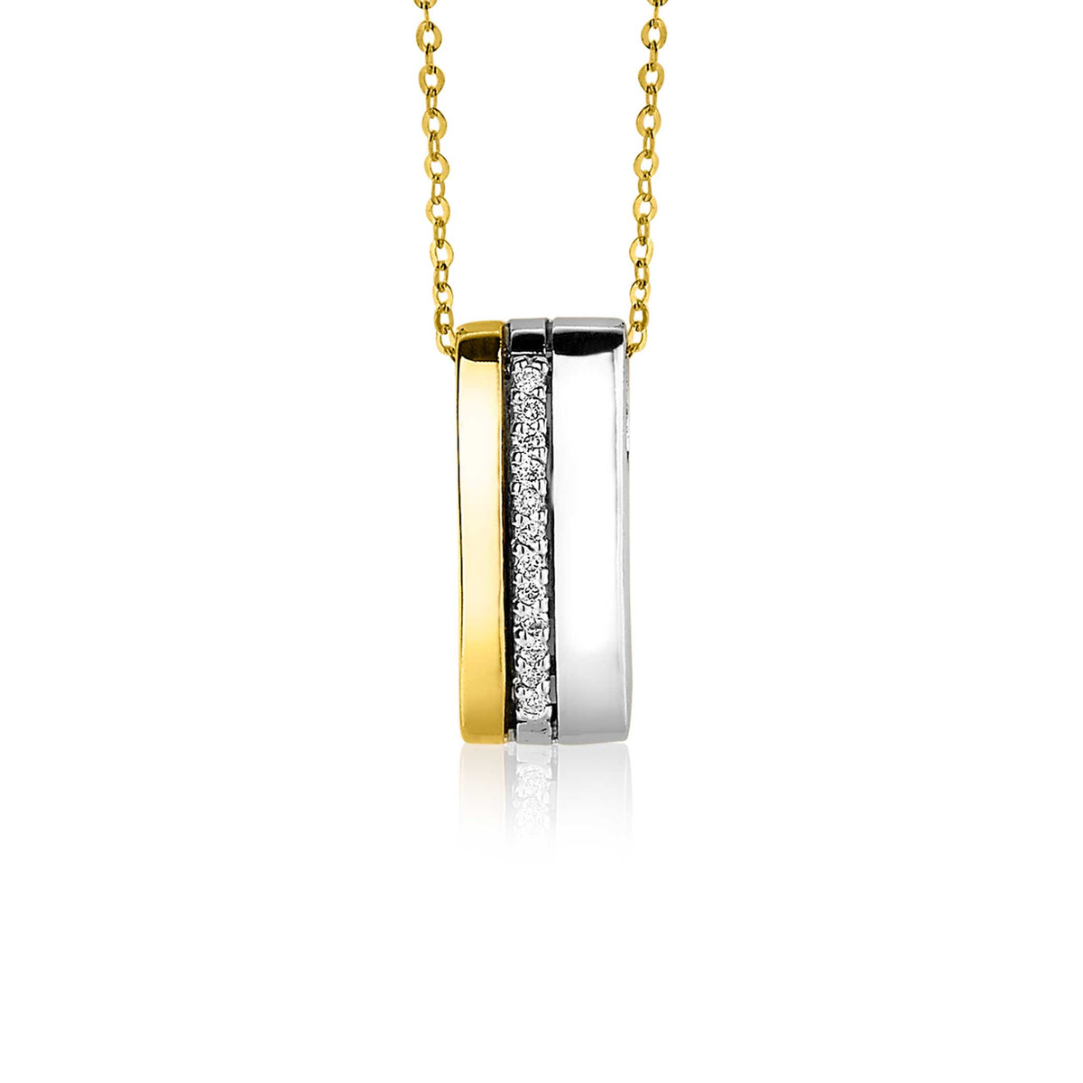Colgante dorado y plateado con una franja de piedras brillantes en el centro.