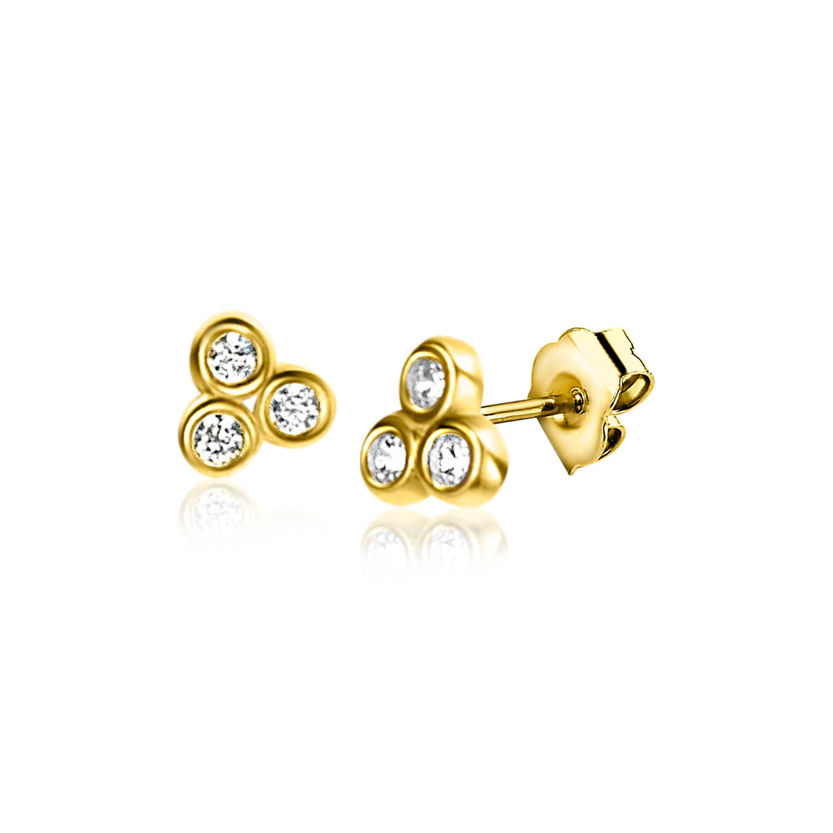 Pendientes de oro con tres circonitas brillantes en forma de trébol.