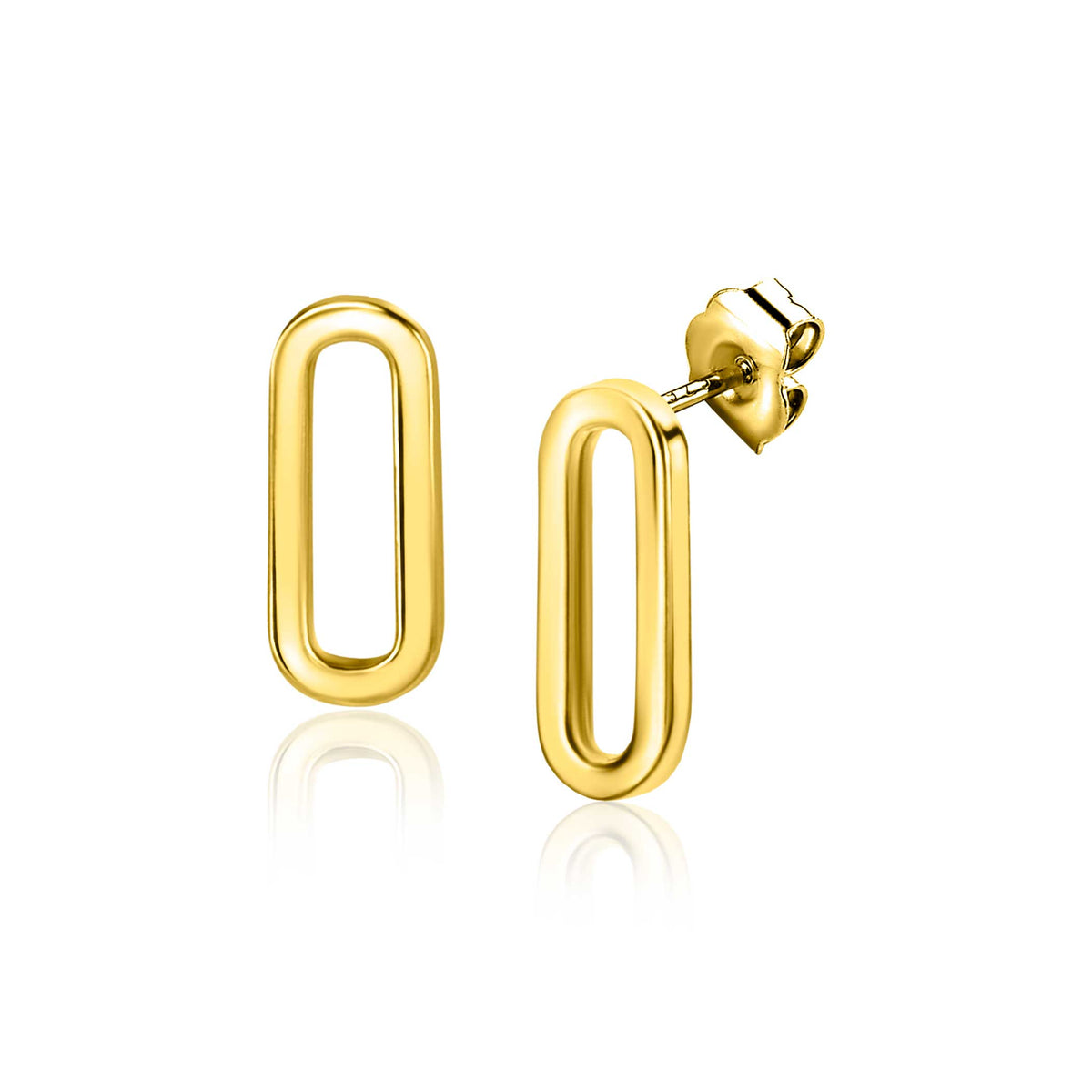 Pendientes largos dorados con forma rectangular y acabado brillante.