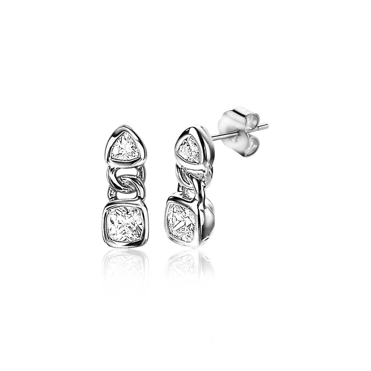 Pendientes de plata con diseño geométrico y piedras brillantes en forma de triángulo y cuadrado.