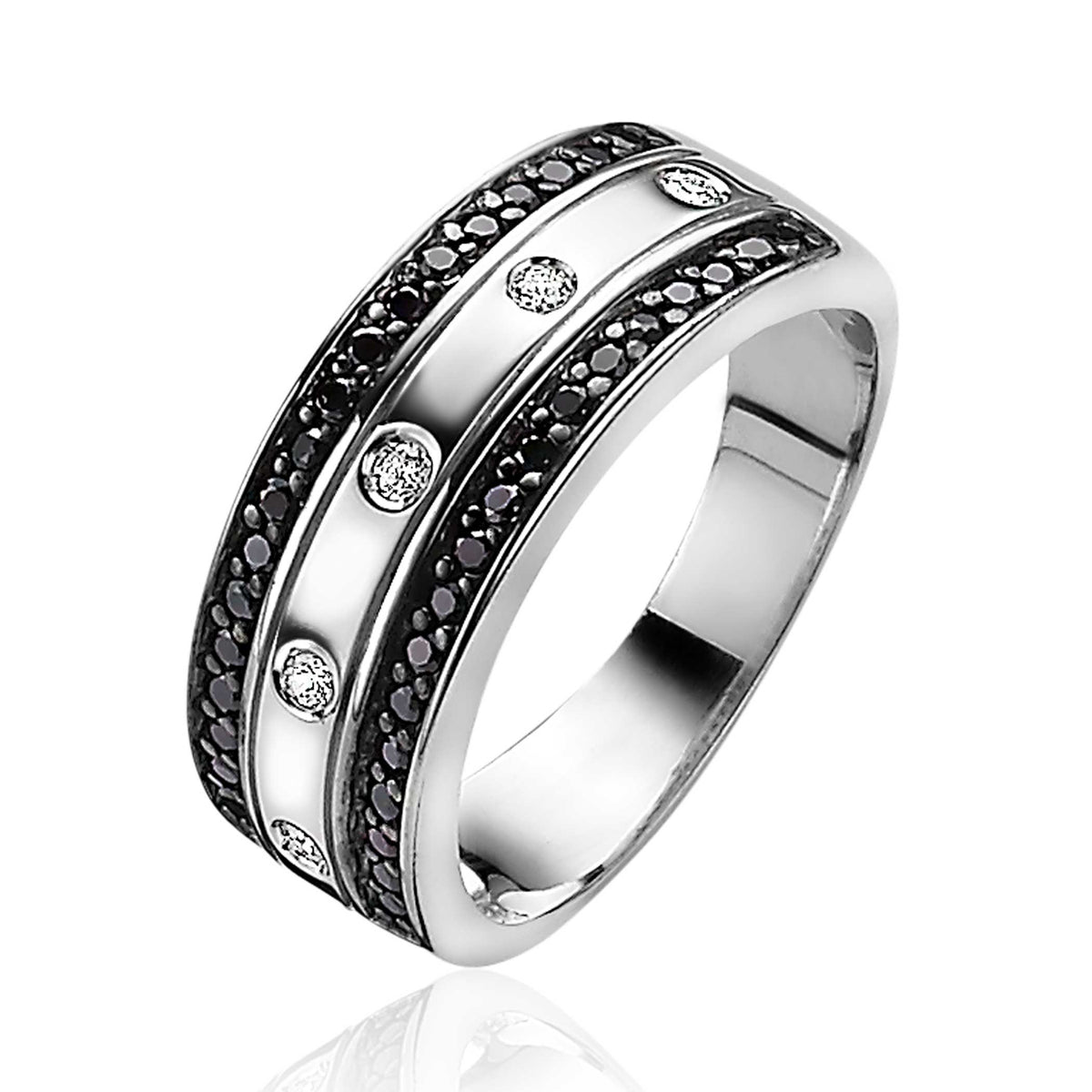 Anillo de plata con detalles en negro y piedras brillantes.