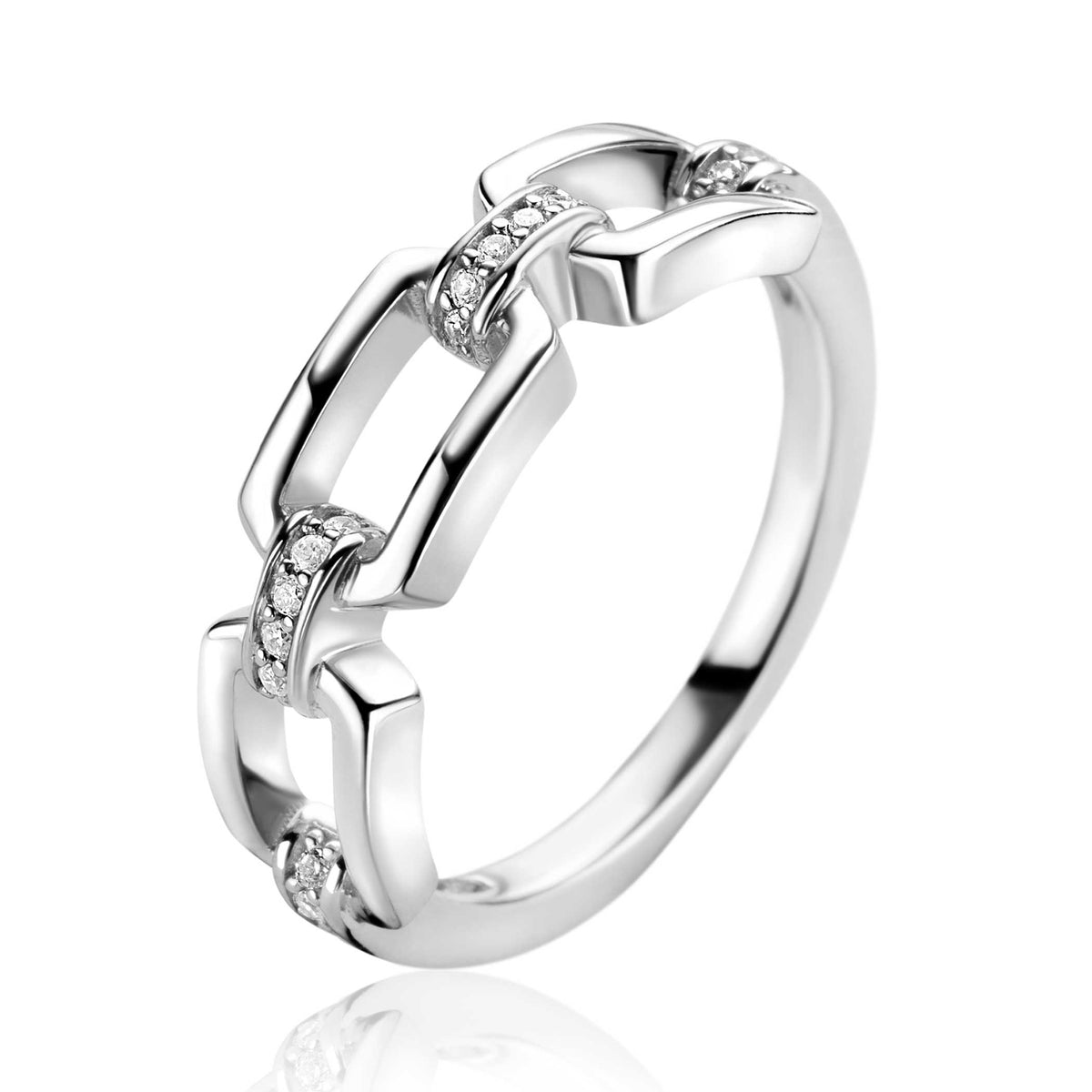 Anillo de plata con eslabones y detalles de circonitas.