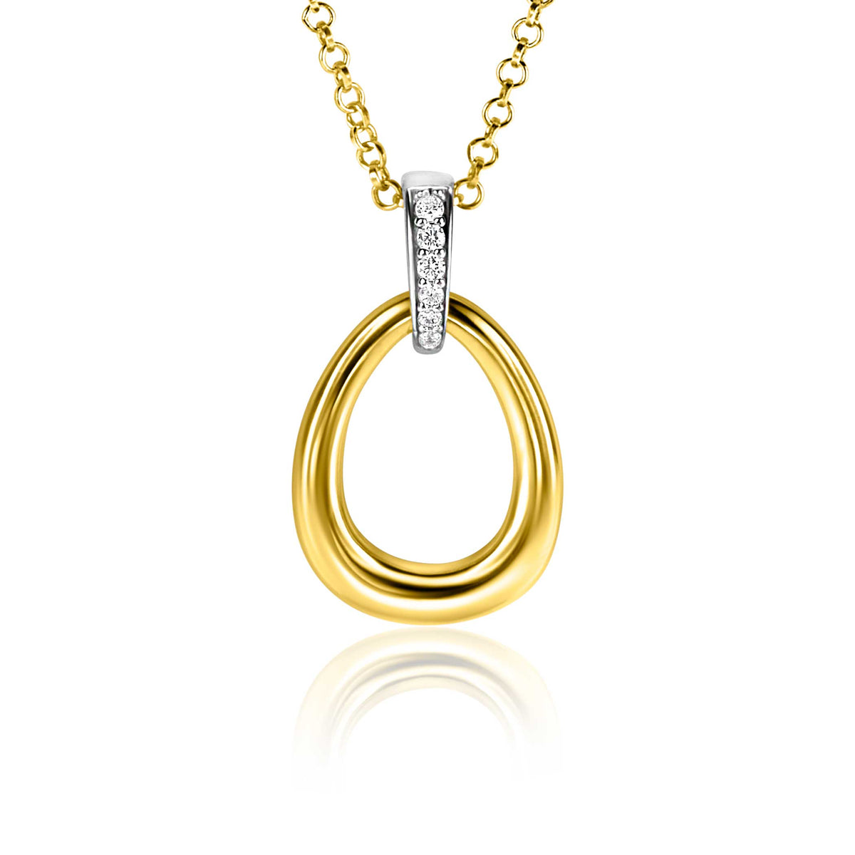 Colgante dorado con detalle plateado y piedras brillantes, en forma ovalada.