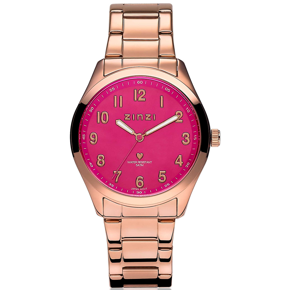 Reloj de acero color rosado con esfera rosa y números en dorado.