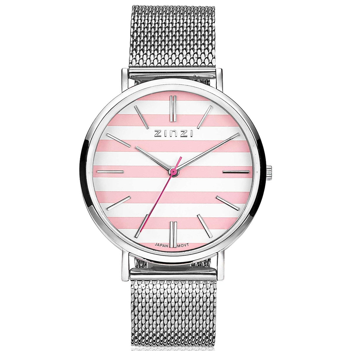 Reloj de acero plateado con esfera blanca y rayas rosas, correa de malla metálica.