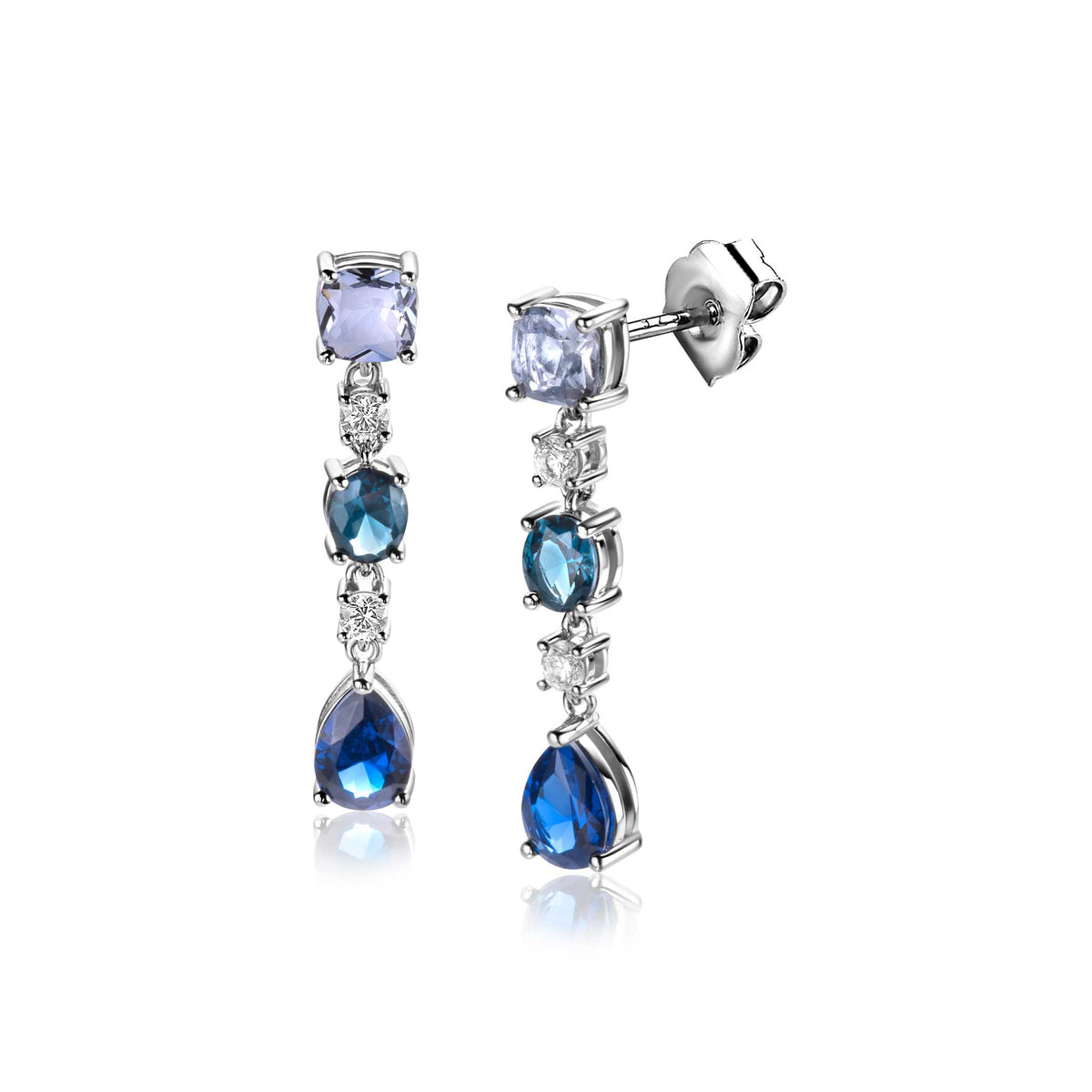 Pendientes largos de plata con piedras en tonos azul y lila, con detalles brillantes.