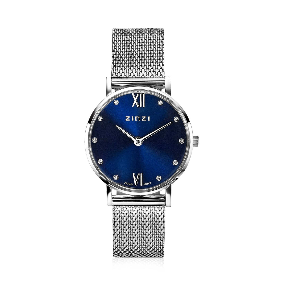 Reloj de acero plateado con esfera azul y malla metálica, números romanos en la carátula.