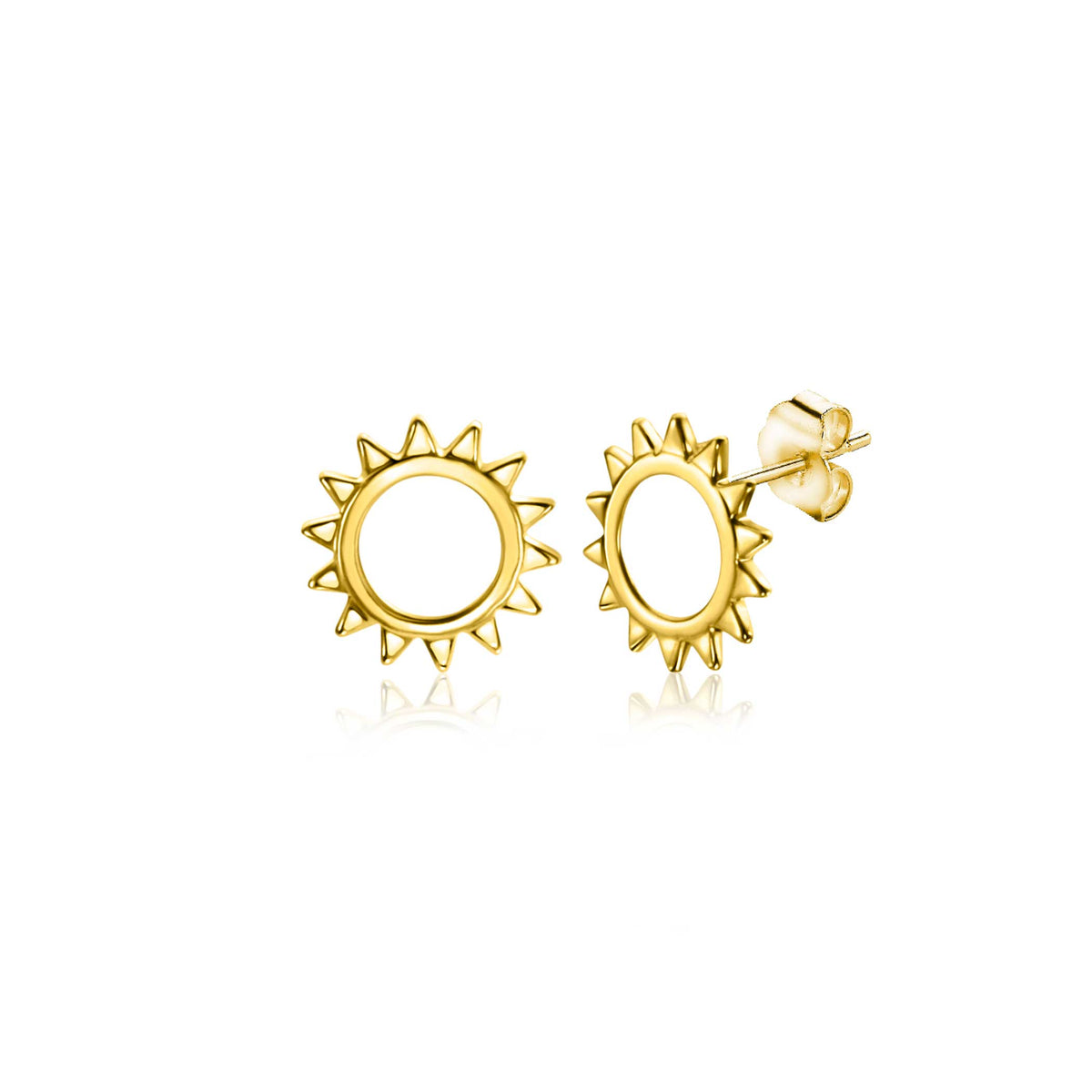 Pendientes de oro en forma de sol con puntas, diseño sencillo y brillante.