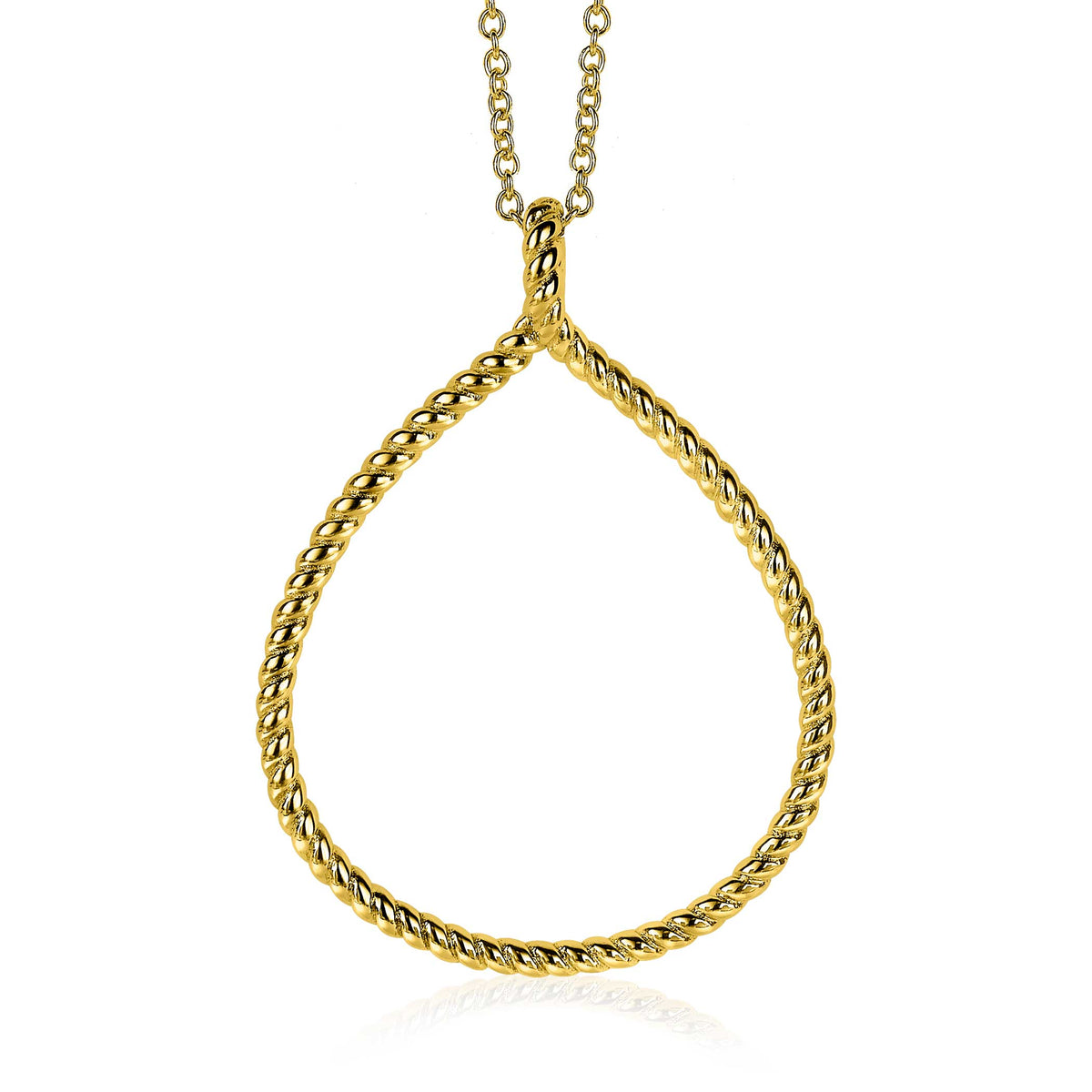 Colgante dorado con forma de gota, elaborado en metal con acabado trenzado.