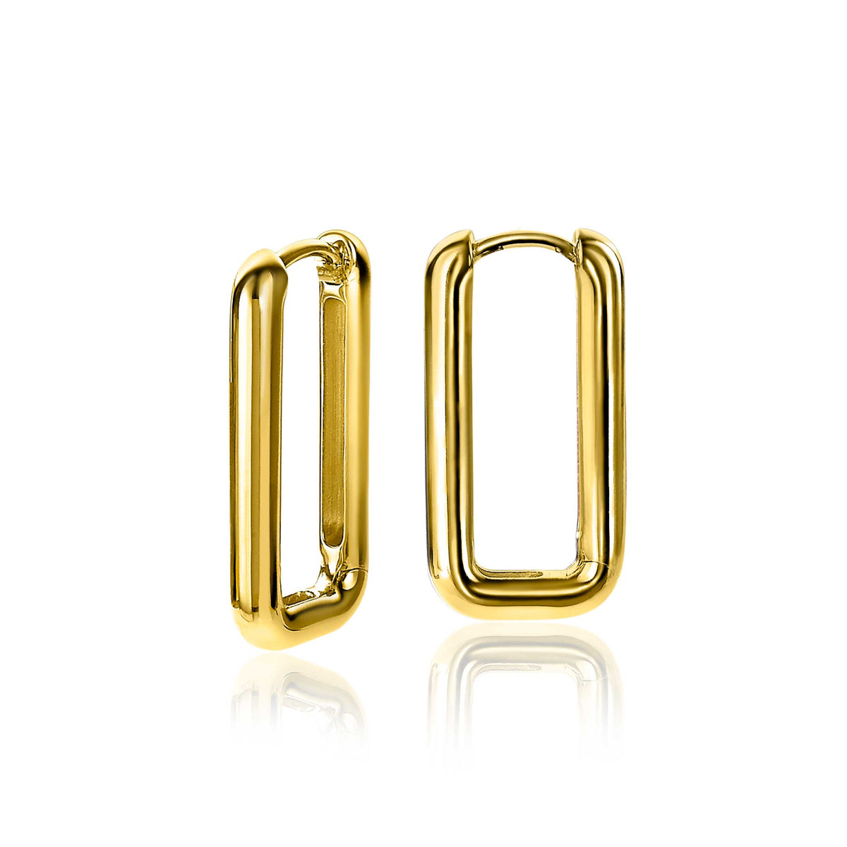 Pendientes de aro dorados con forma rectangular y acabado brillante.