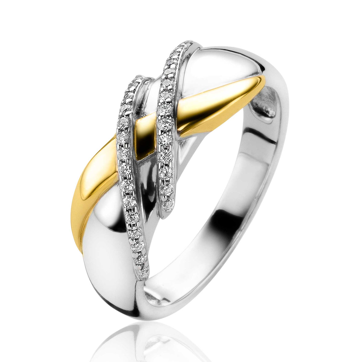 Anillo de acero inoxidable bicolor con detalles en oro y circonitas brillantes.