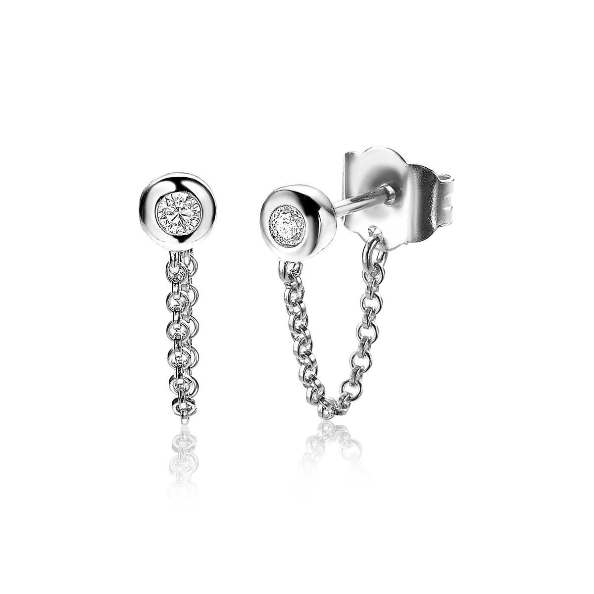 Pendientes de plata con colgante de cadena y detalle de circonitas.