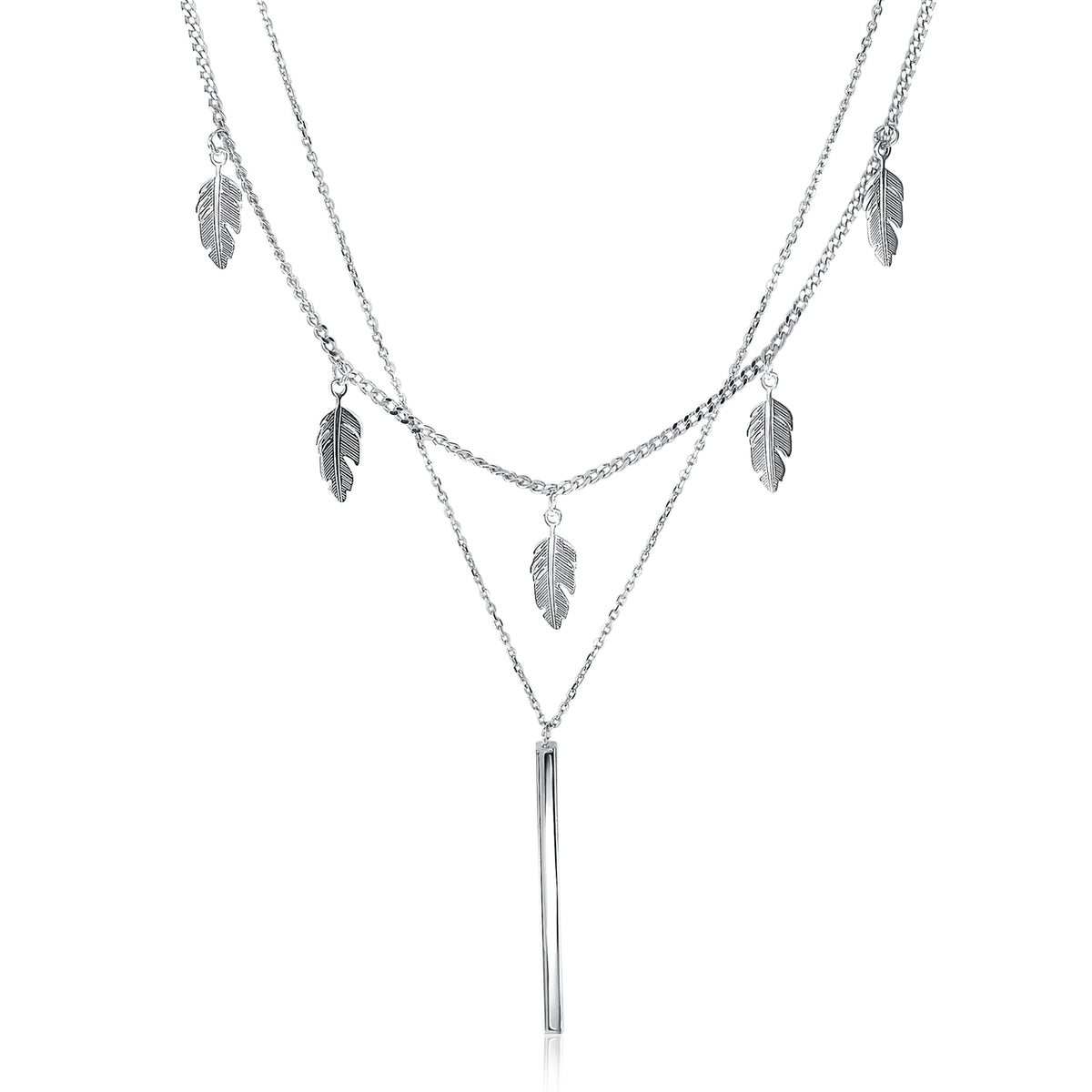 Collar de plata con colgantes en forma de hojas y una barra vertical.