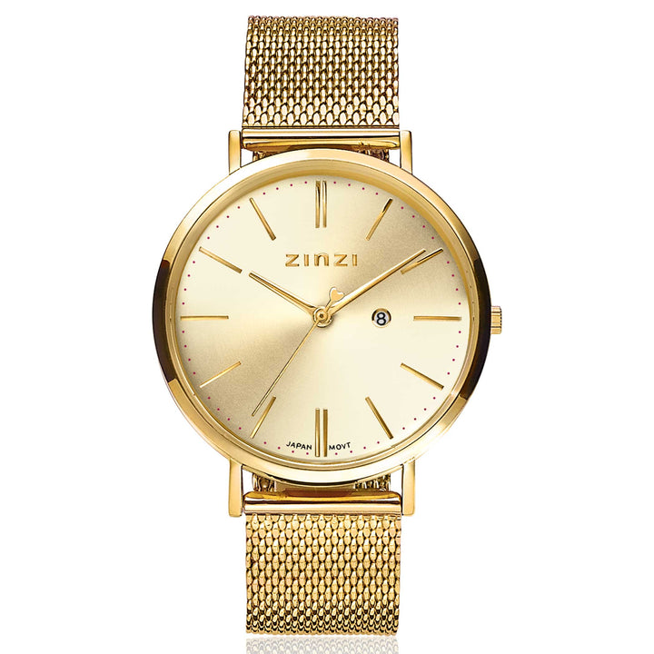 Het Zinzi Goudkleurige Horloge Gold Plated Ziw410 M is voorzien van een stalen mesh-band, minimalistische goudkleurige wijzerplaat, slanke uurmarkeringen en een datumaanduiding bij 3 uur.