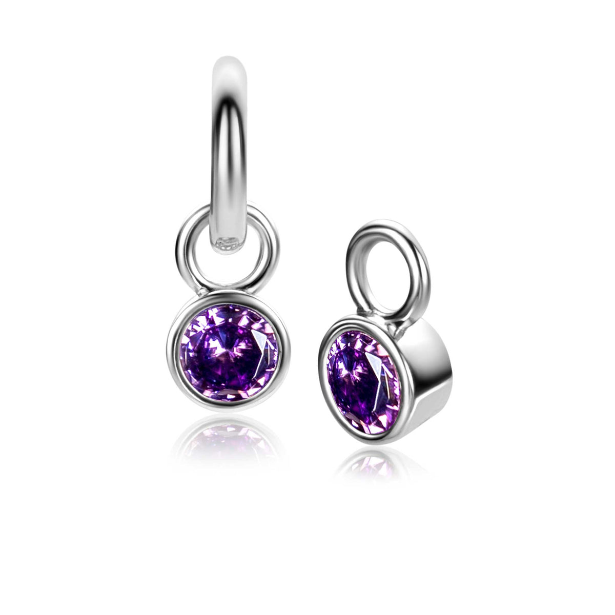 Pendientes de plata con circonitas moradas en forma redonda.