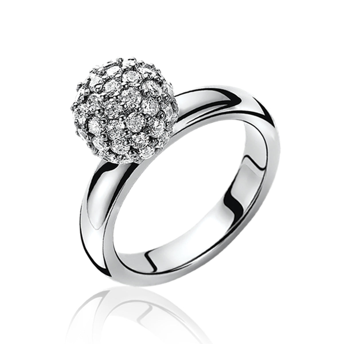 Anillo de plata con una esfera decorada de circonitas brillantes.