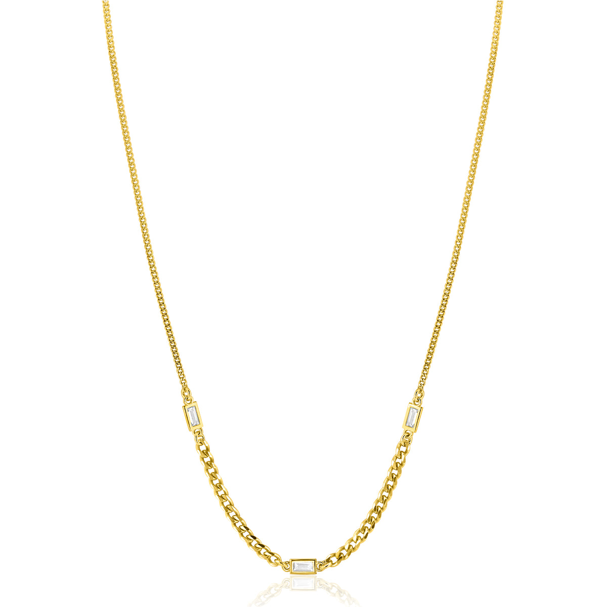 Cadena dorada con eslabones rectangulares y detalles brillantes.