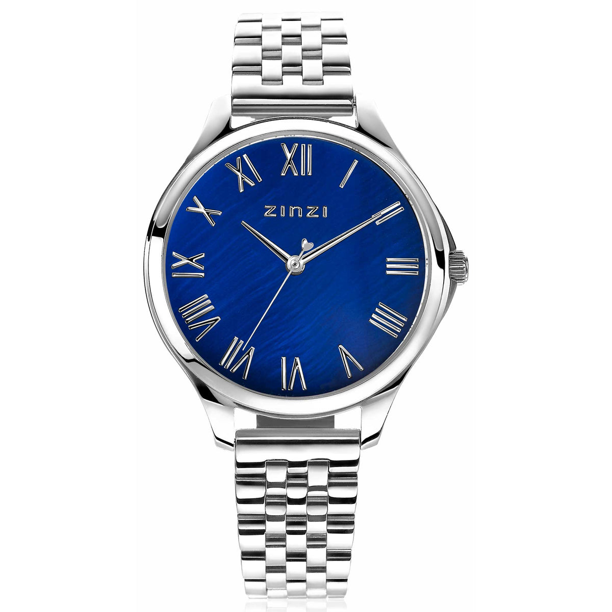 Reloj de acero plateado con esfera azul y números romanos en un diseño moderno.