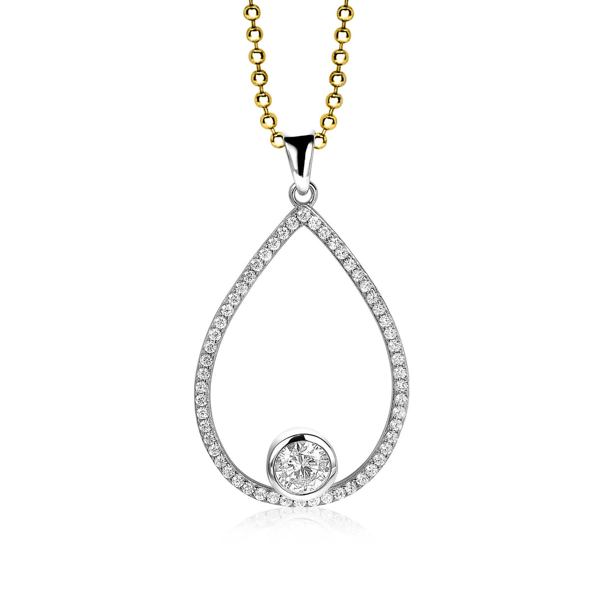 Colgante de plata con forma de gota, adornado con circonitas y una piedra central brillante.