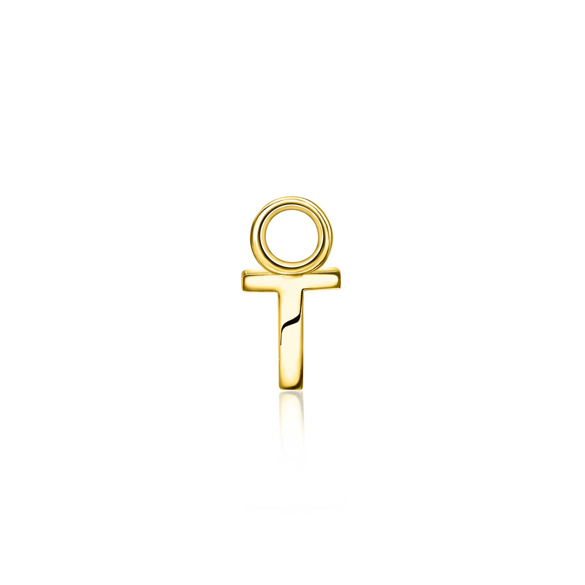 Pendiente dorado con forma de ankh y acabado brillante.