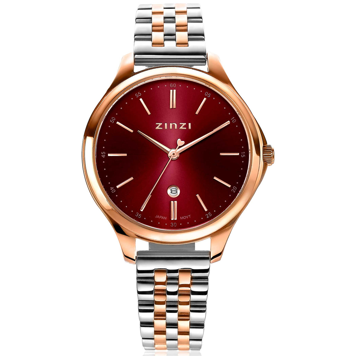 Reloj de acero inoxidable con esfera roja y detalles en color rosado.