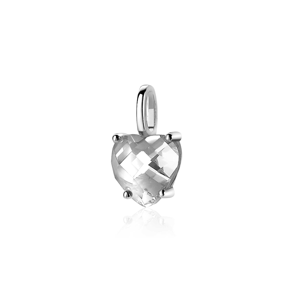 Colgante de plata con forma de corazón y piedra transparente facetada.