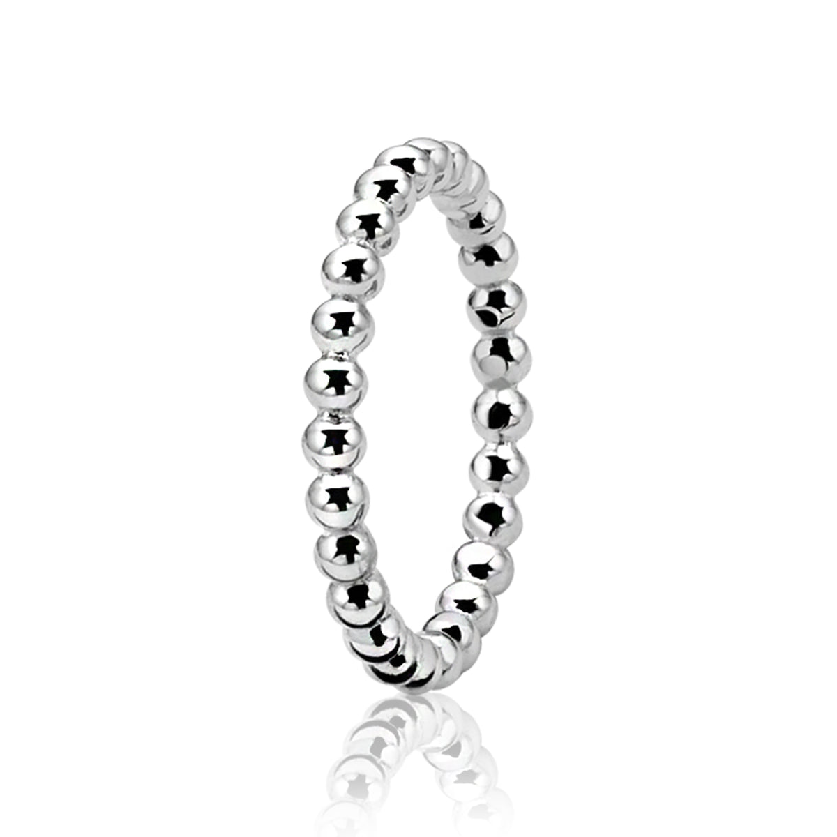Anillo de plata con cuentas esféricas pulidas en un diseño delicado.