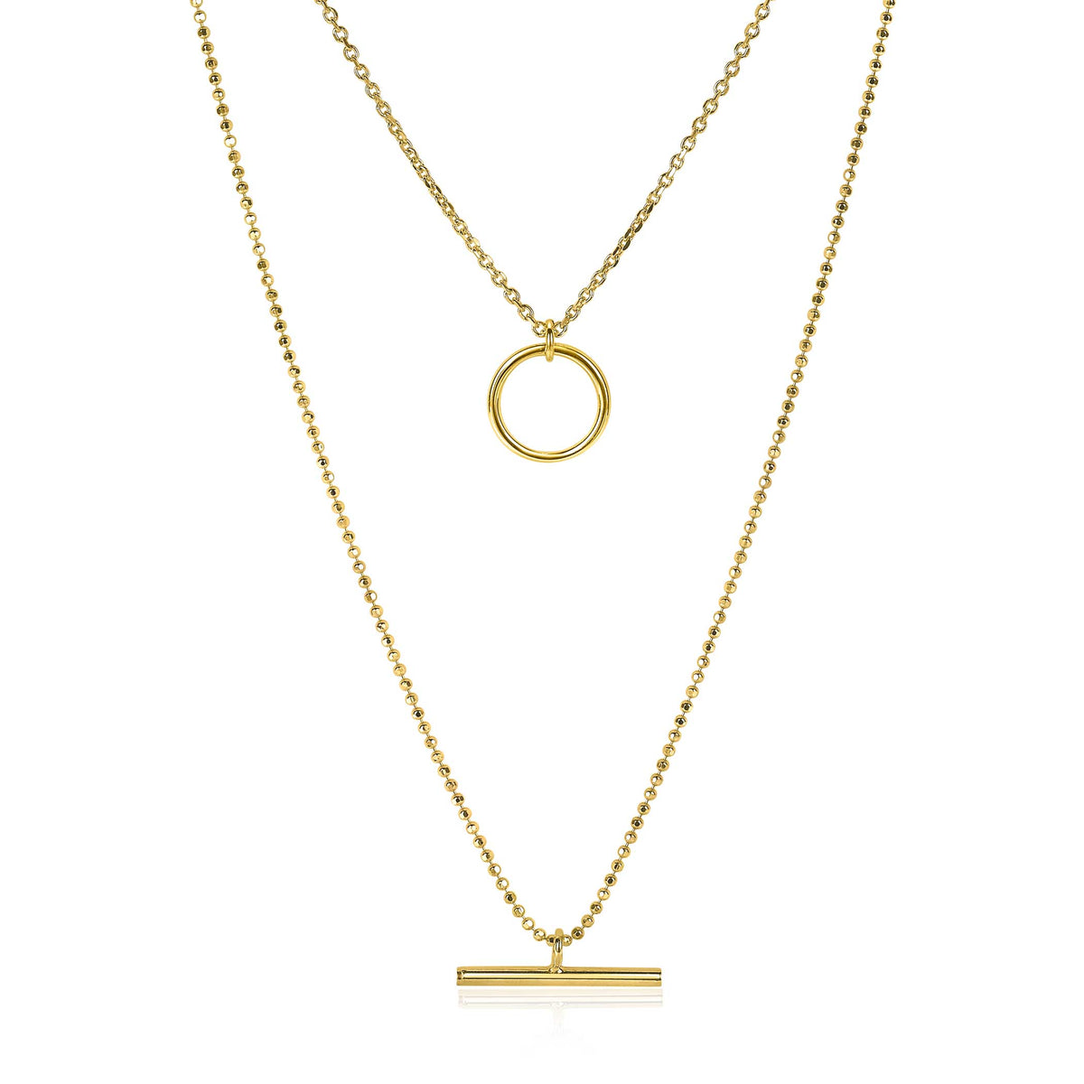 Collar dorado con dos cadenas, una con un círculo y otra con una barra horizontal.