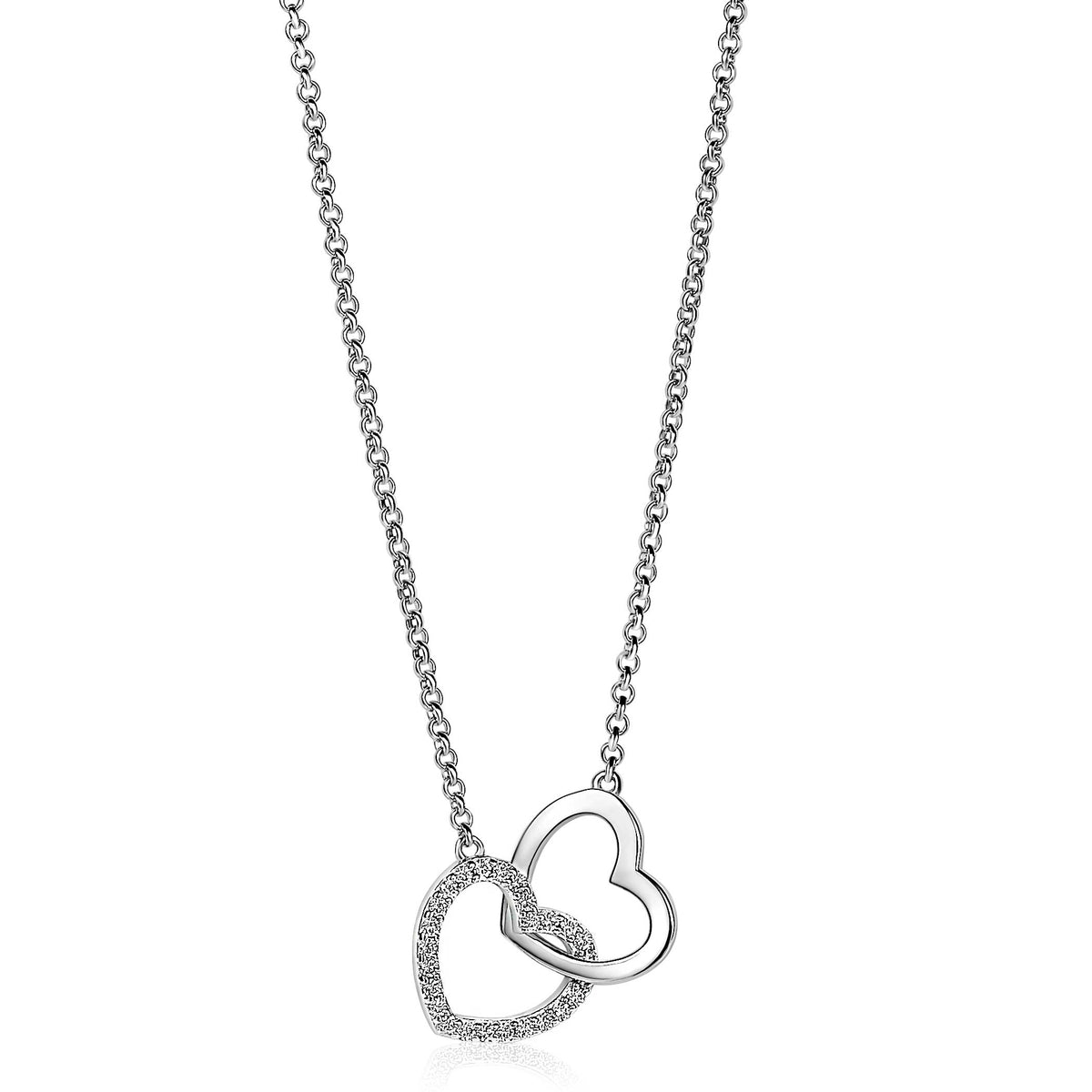 Collar de plata con dos corazones entrelazados, uno liso y otro con circonitas.