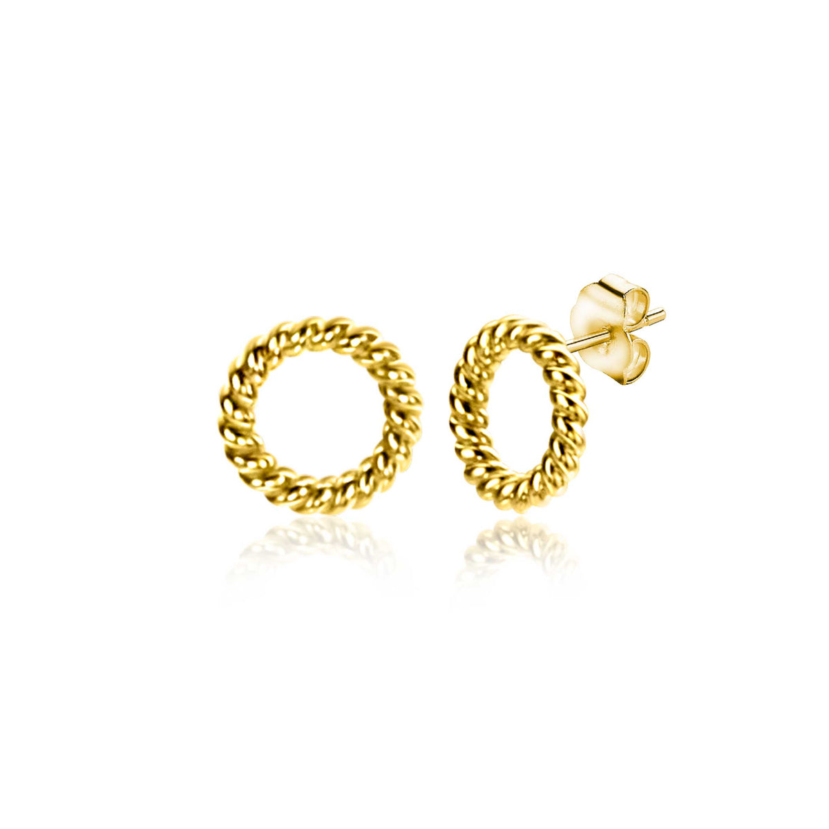 Pendientes de aro dorados con diseño trenzado y cierre de presión.
