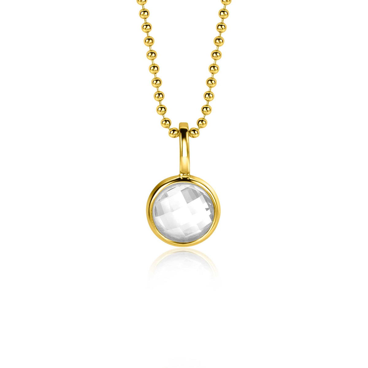 Colgante dorado con piedra transparente en forma redonda, suspendido de una cadena de bolitas.