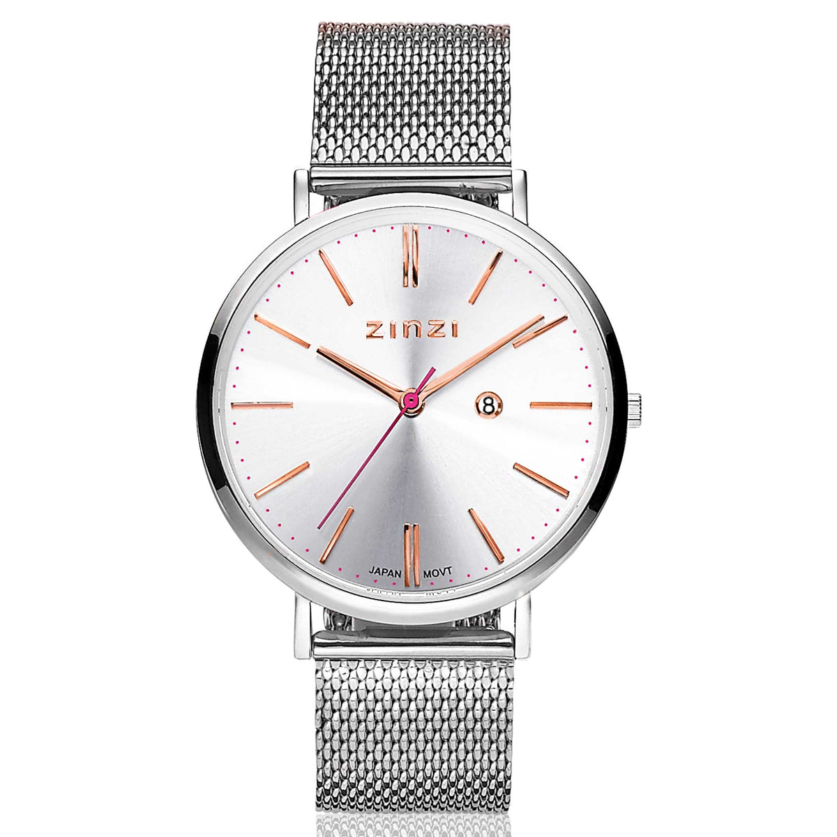 Reloj de acero plateado con esfera plateada, detalles en rosa y correa de malla.