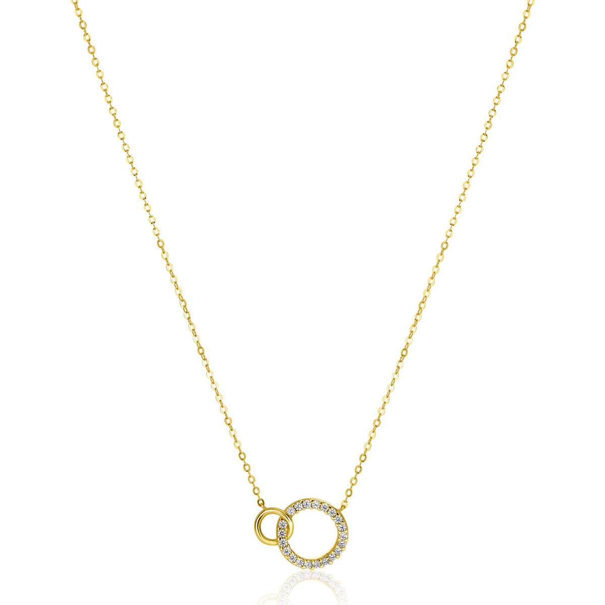 Cadena dorada con colgante circular y pequeño, adornado con piedras brillantes.