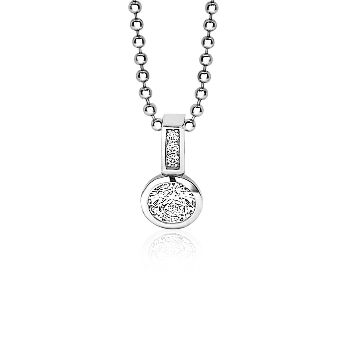 Colgante de plata con un diseño redondo y detalles brillantes en la parte superior.