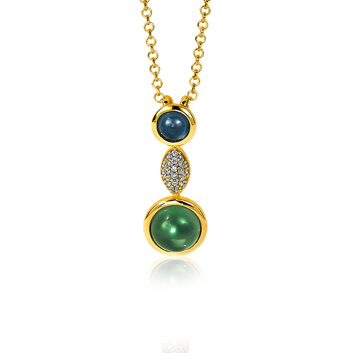 Colgante dorado con dos piedras de colores y detalles de circonitas.