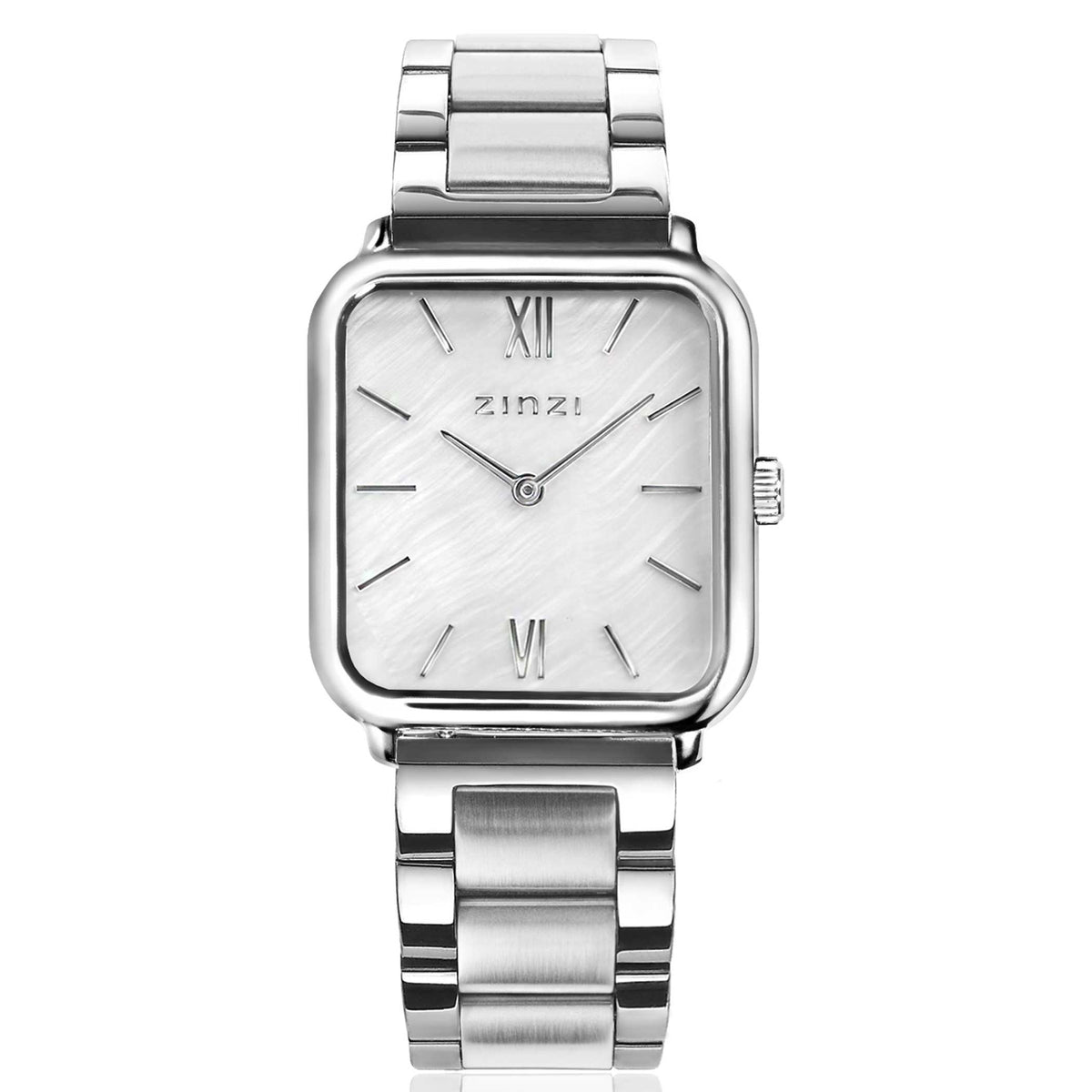 Reloj de acero plateado con caja rectangular y esfera plateada, números romanos en el dial.