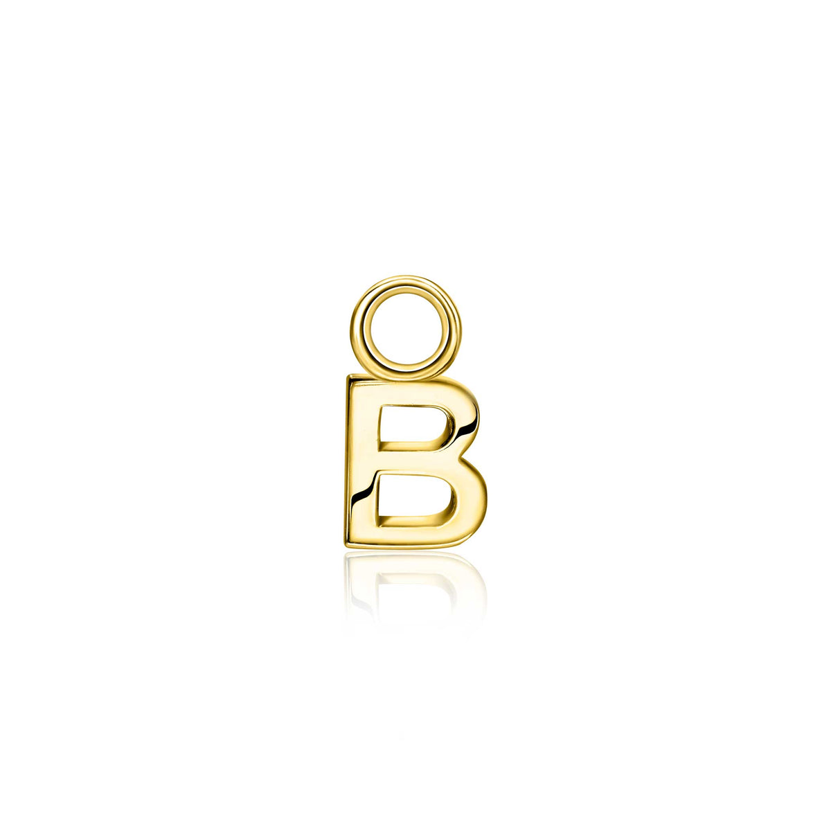 Pendiente dorado con forma de letra B, acabado brillante y diseño moderno.