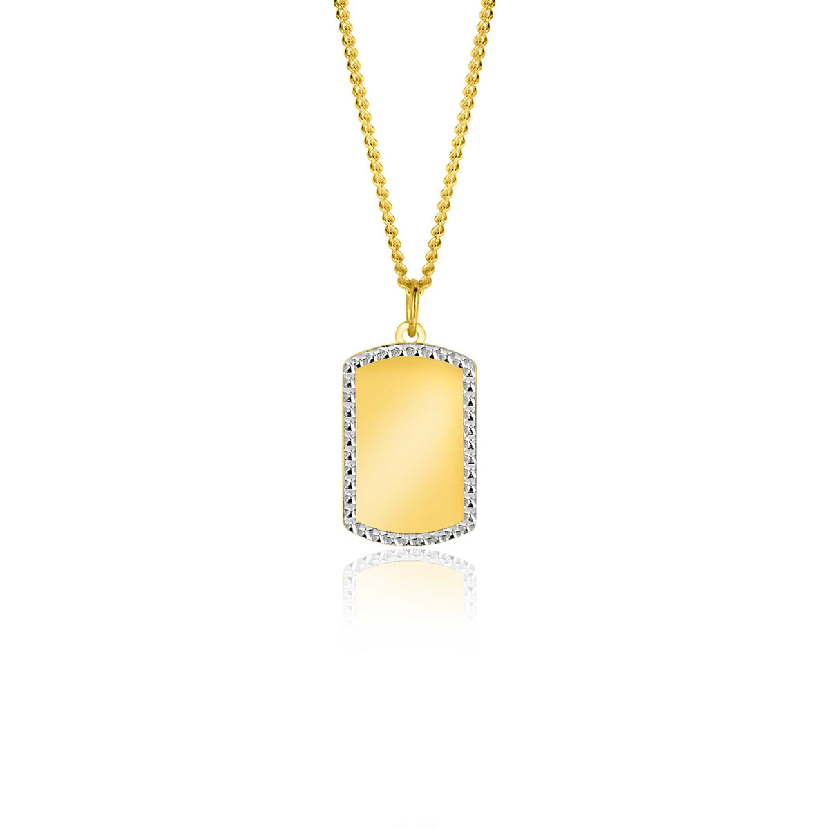 Colgante dorado rectangular con borde de piedras brillantes y cadena fina.
