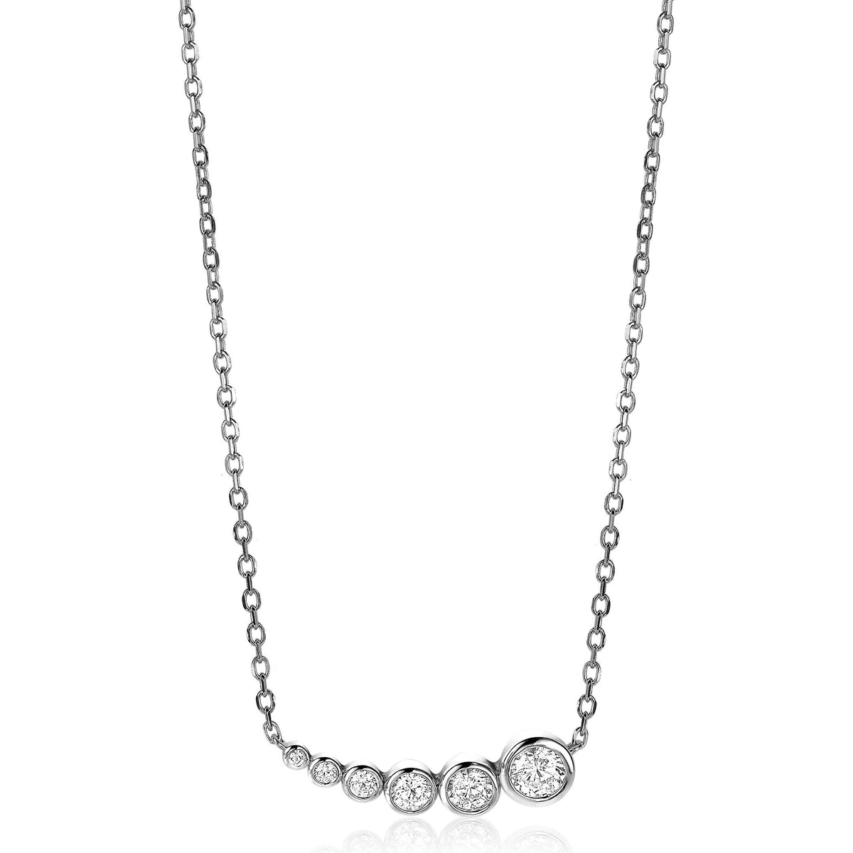 Collar de plata con seis circonitas brillantes en forma de curva.