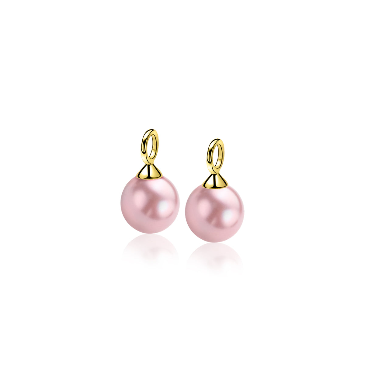 Pendientes de aro dorados con perlas rosas brillantes.