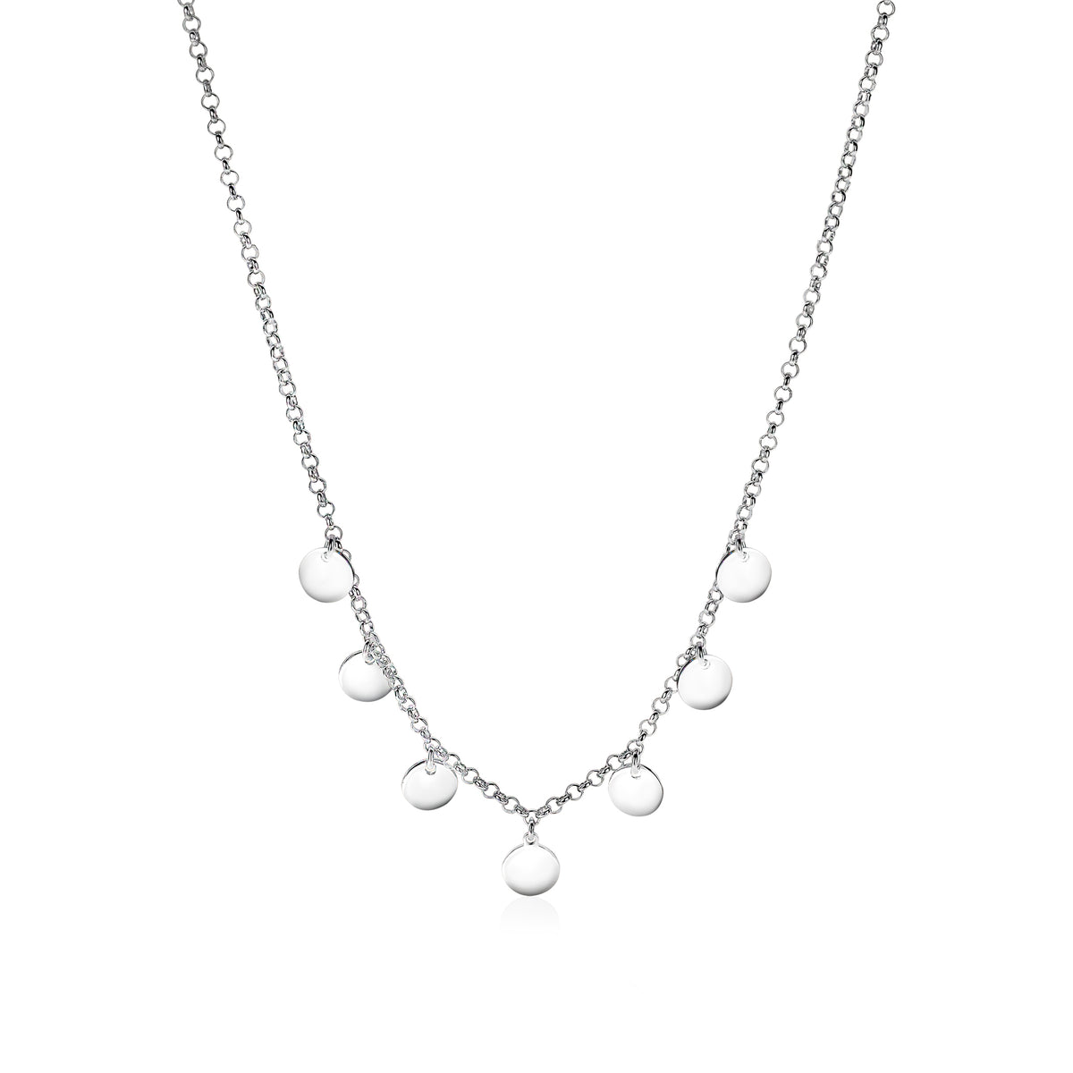 Collar de plata con cinco charms redondos colgantes en una cadena delicada.