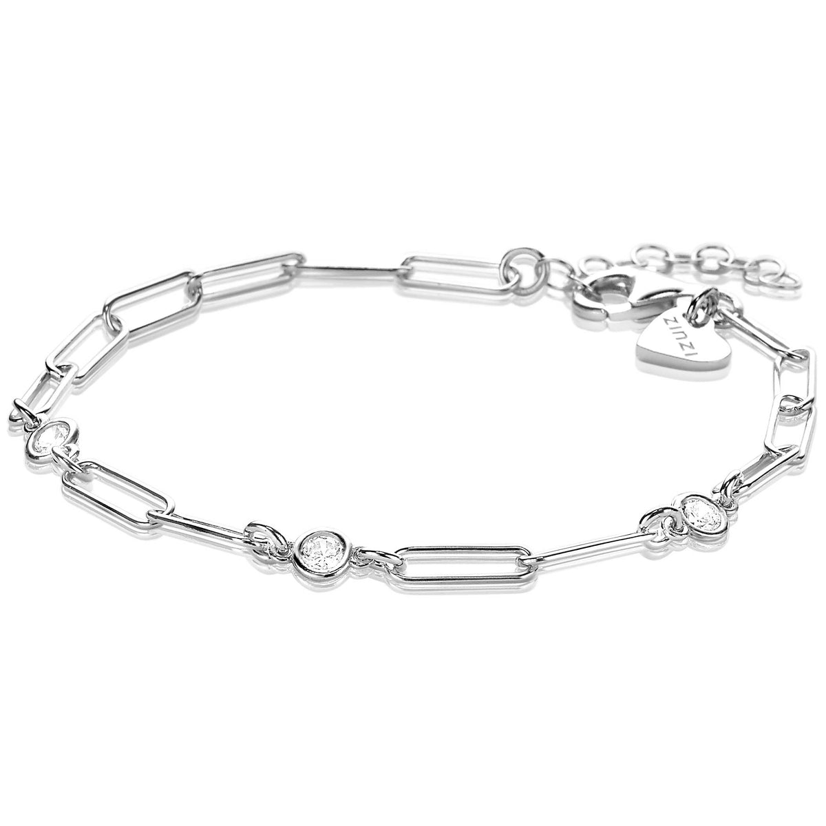 Pulsera de plata con eslabones rectangulares y detalles de circonitas brillantes.