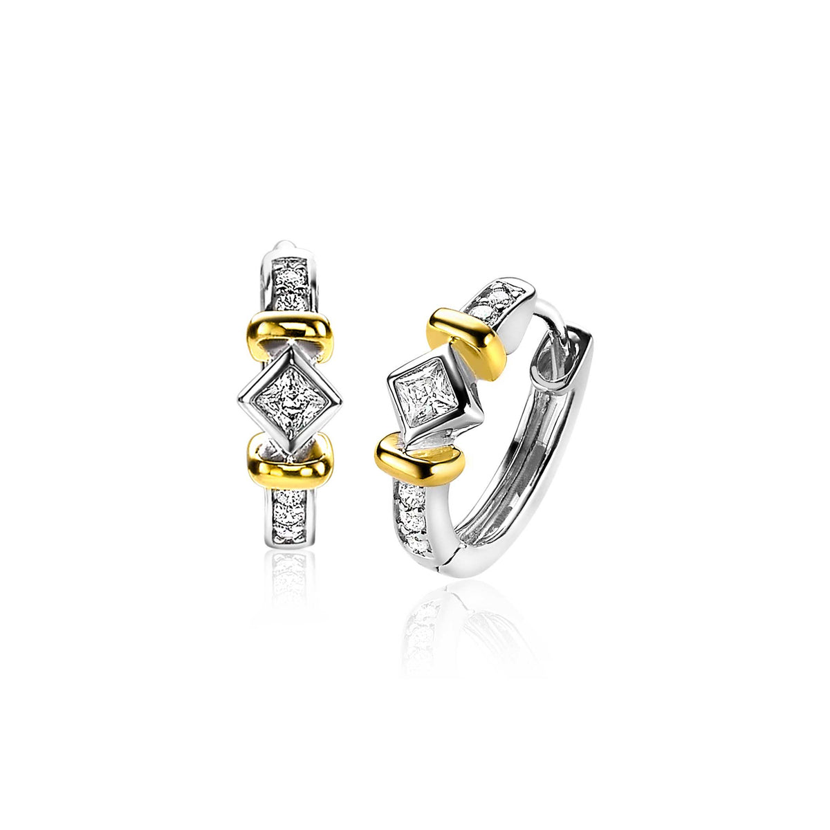 Pendientes de aro de plata con detalles en oro y diamantes en forma de rombo.