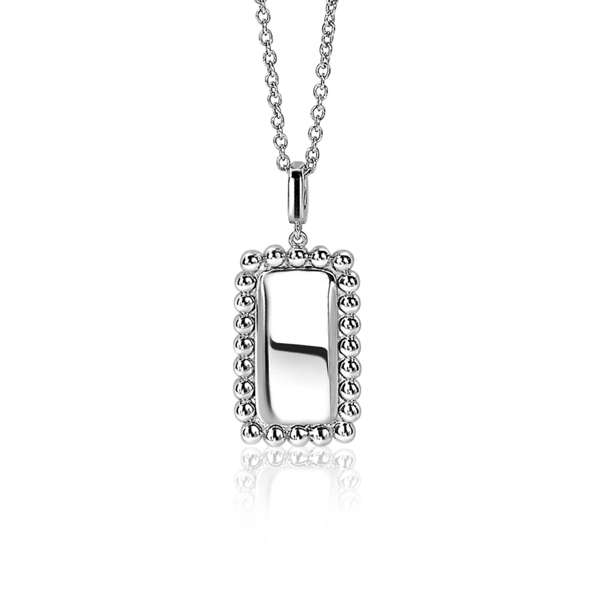 Colgante de plata con forma rectangular y borde de pequeñas esferas.