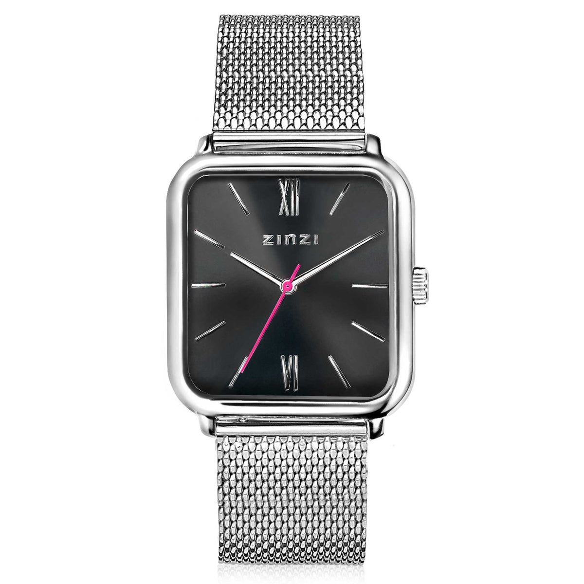 Reloj cuadrado de acero color plateado con esfera negra y detalles en rosa.