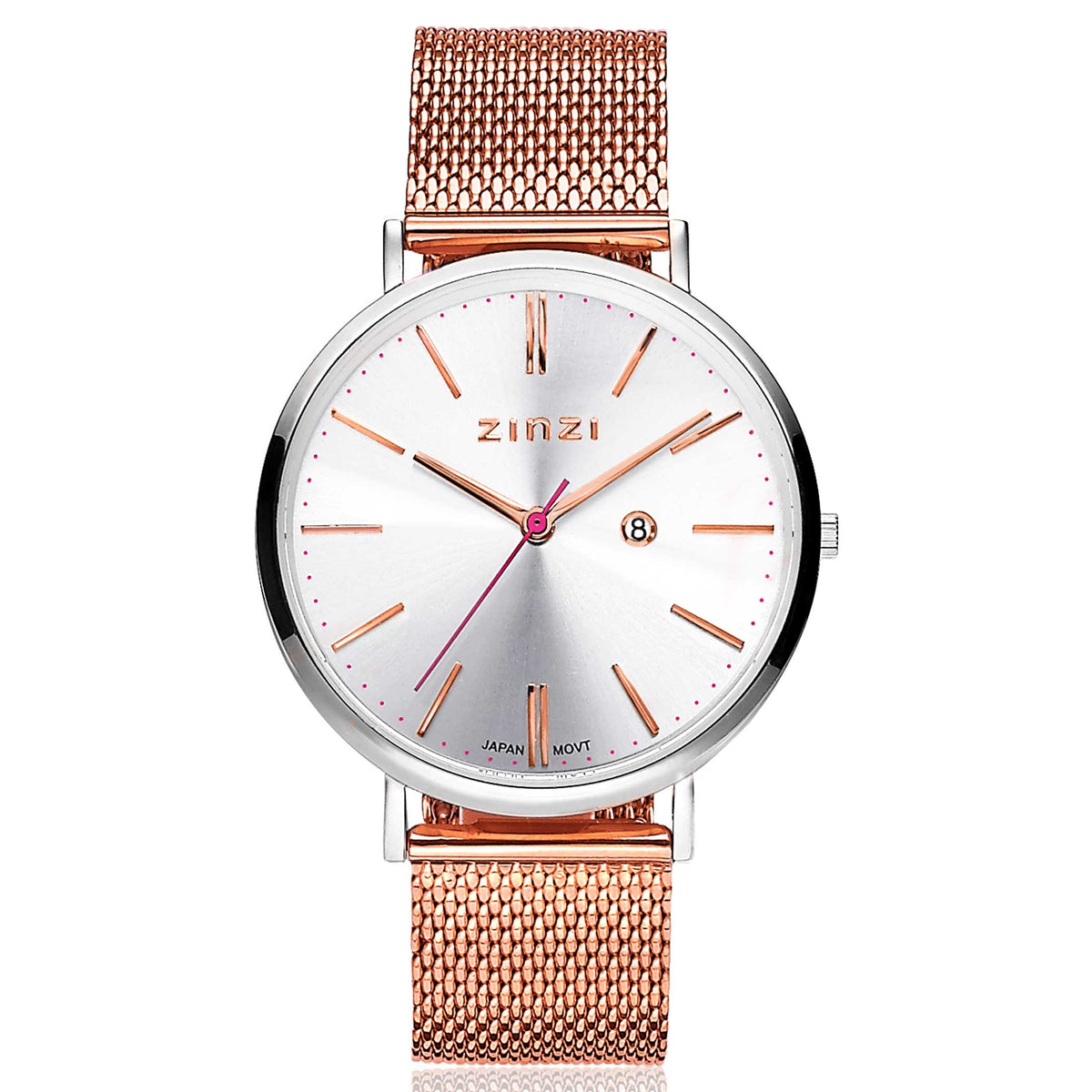 Reloj con esfera plateada, correa de malla en color rosa dorado y detalles en rosa.