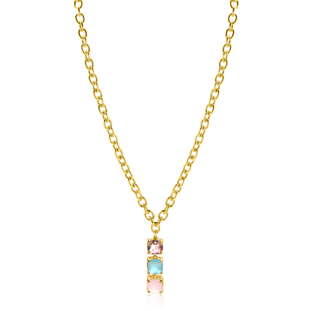 Collar dorado con colgante rectangular y tres piedras de colores.