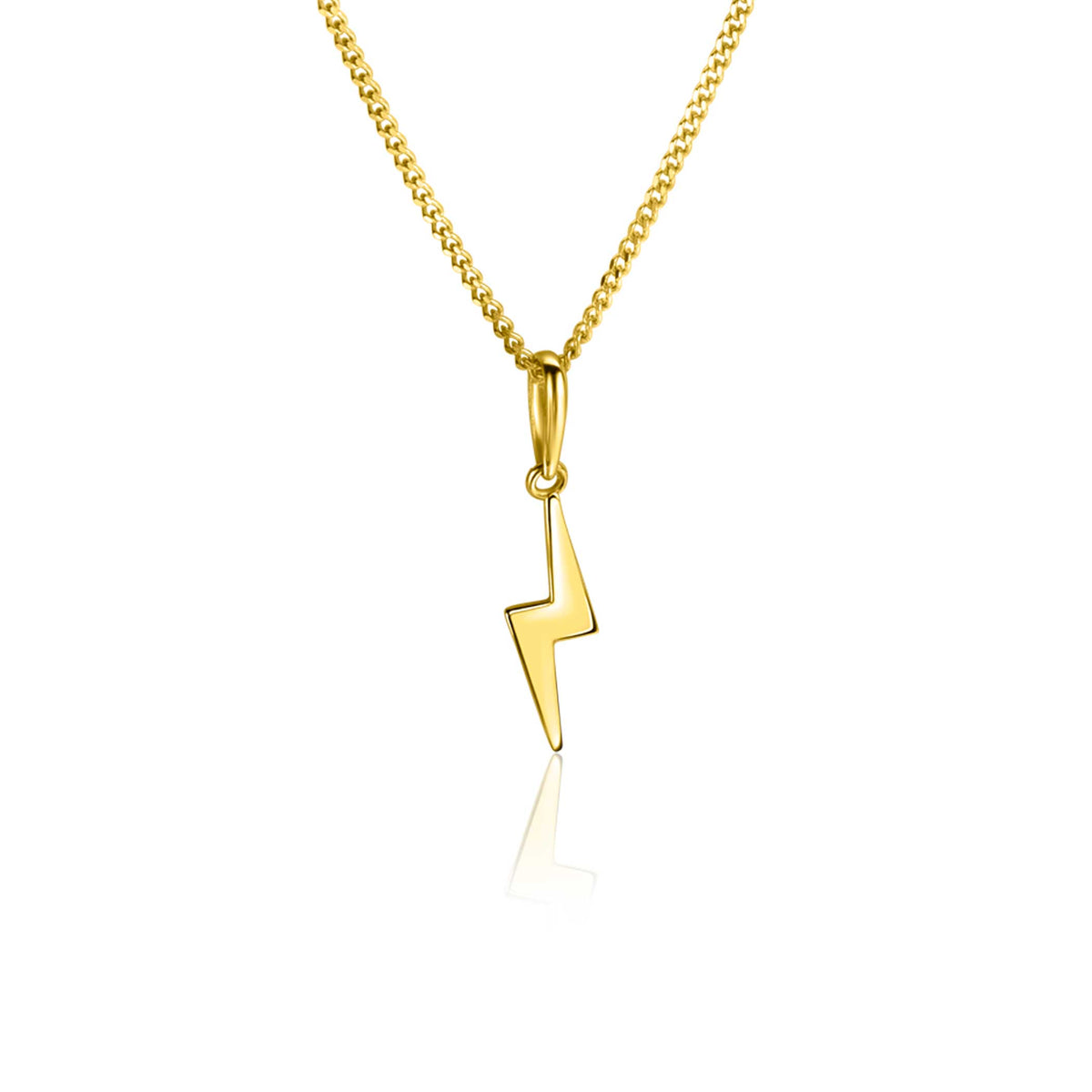 Colgante dorado en forma de rayo, con cadena fina y brillante.