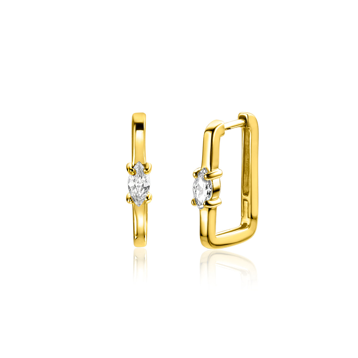 Pendientes de aro dorados con un pequeño cristal en forma ovalada.