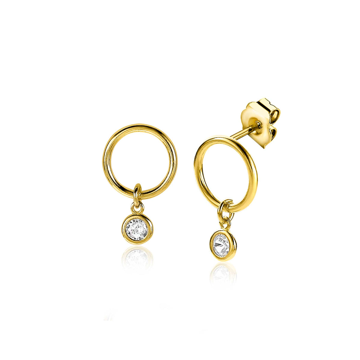 Pendientes de aro dorados con un charm brillante en cada uno.